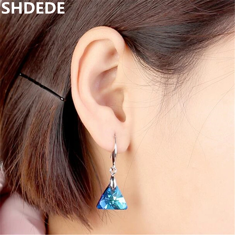 

SHDEDE Triangle Crystal from Swarovski Blue Long Drop Earrings Jewelry For Women Accessories Bijoux Party Gift .27400