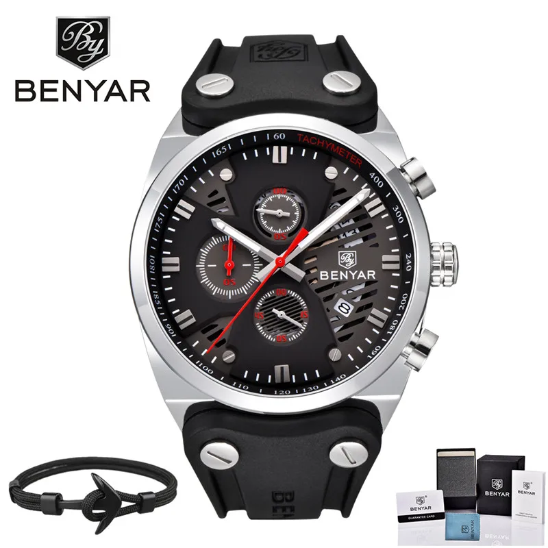 

2018 New BENYAR Skeleton Calendar Men's Watches Chronograph Real Three Dial Waterproof Outdoor Hollow Sports Watch Dropshipping