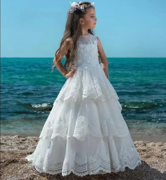 New White Fluffy Flower Girl Dresses Jewel Neck Hollow Back Kids Lace Tiered Tulle Girls Pageant Gown Any Size