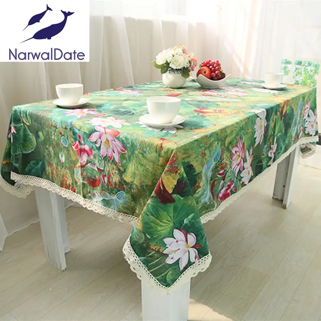 Buy Green Linen Tablecloths with Lace Lotus Leaves