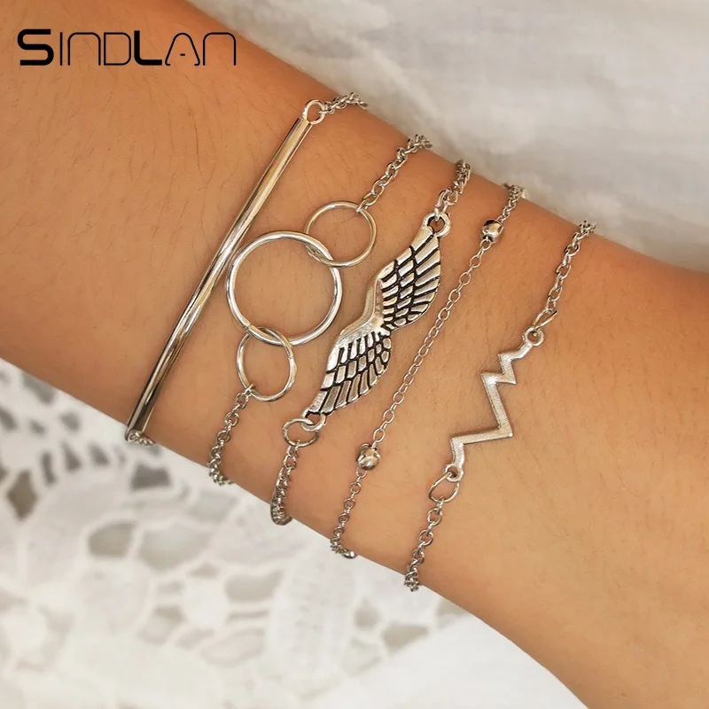

Sindlan 5PCs Silver Ecg Bracelets Set Boho Bangles Wing Charm Bracelets for Women Easy Hook Jewelry Simple Female Bracelets