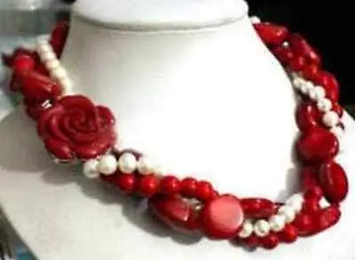

free shipping ******White Cultured Pearl & Red Coral With Flower Clasp Necklace 18