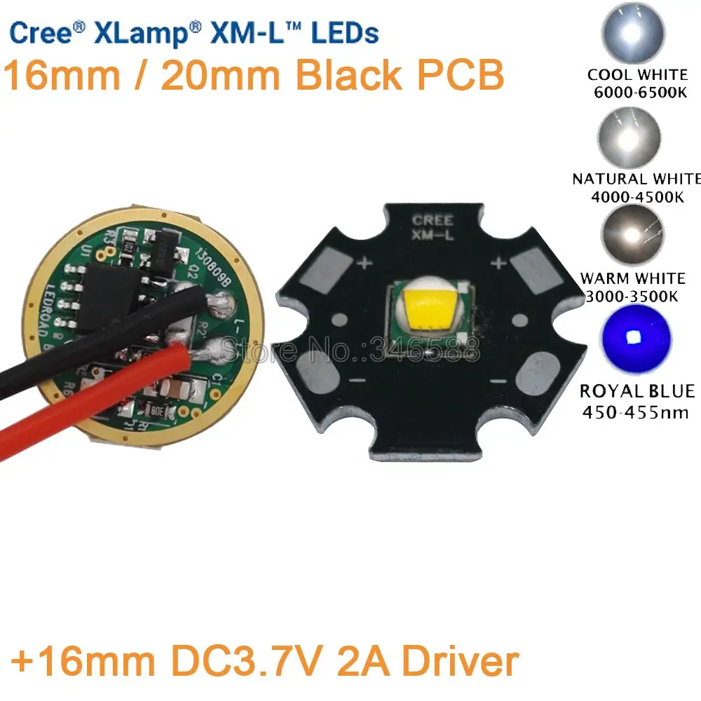 

Cree XML XM-L T6 Cold White Neutral White Warm White 10W High Power LED Emitter 16mm Black PCB +16mm DC3.7V 2A Driver 5 Modes