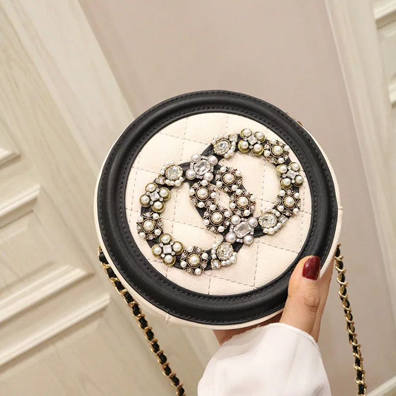 

Bags For Women 2019 Messenger Pearl Diamond Bags PU Leather Circular Zipper Ladies Min Party Diamond Lattice White Bag