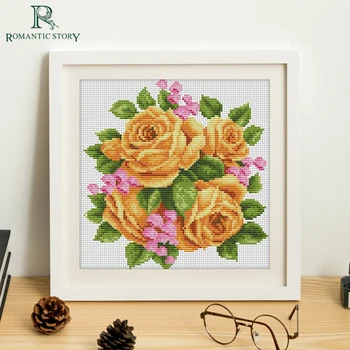 

Romantic Story Cross Stitch Kits Beginners Embroidery,Yellow Rose Bedroom Study Flowers Decoration Needlework stitch cross 2138