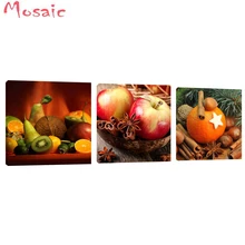 Perceuse carrée/ronde 5D bricolage, peinture au diamant, Art de cuisine, pomme, Orange, Triptych, broderie de diamant, point de croix, cadeau de décoration(China)