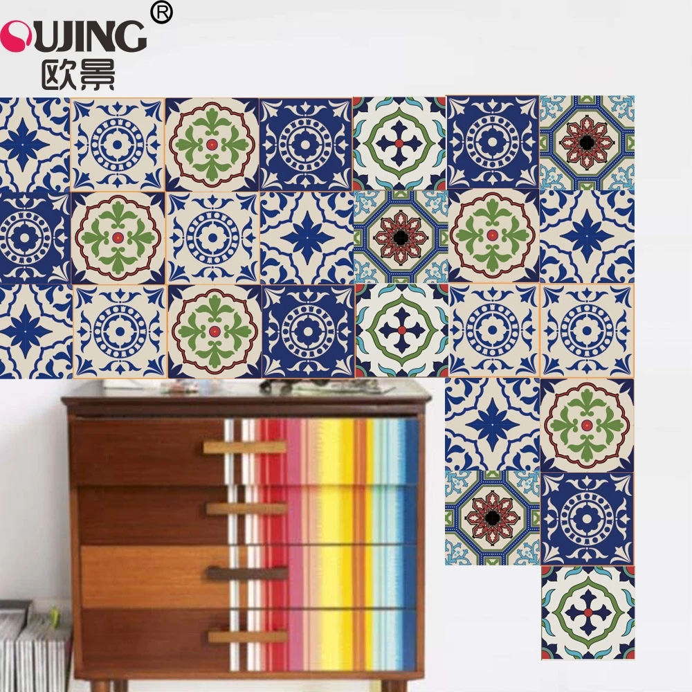 

6pcs/set Morocco Style Pattern Tile Floor Wall Stickers Kitchen Bathroom Tiles Decoration PVC Art Mural Waist Line Wall Sticker