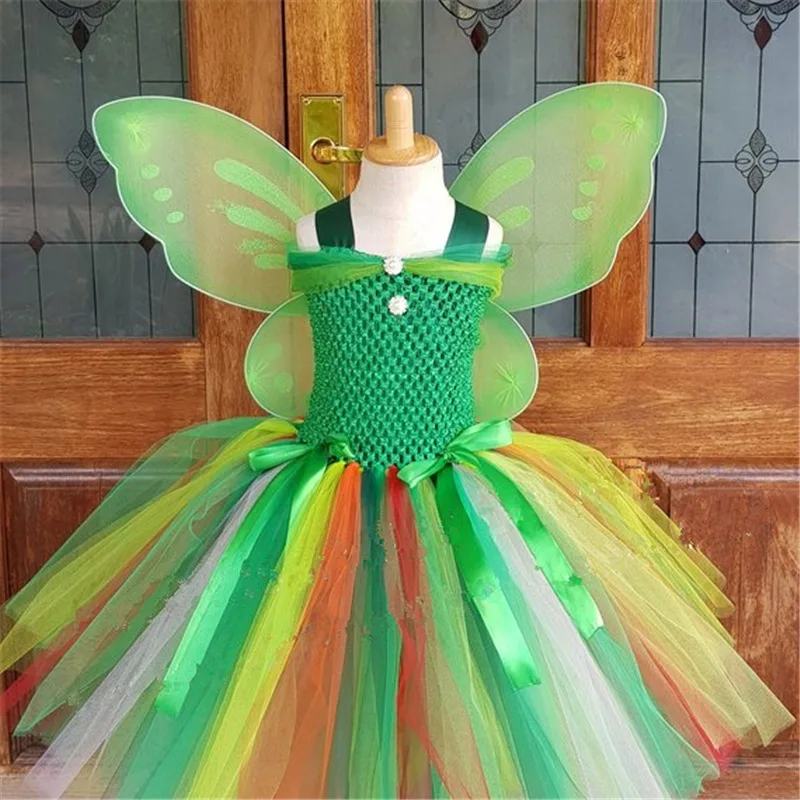 Новое поступление зеленый сказочная балетная пачка, платье с бантом для девочек; крылья Новинка; Детский костюм на Хэллоуин; Детские платья на праздник или день рождения Косплэй PQ186