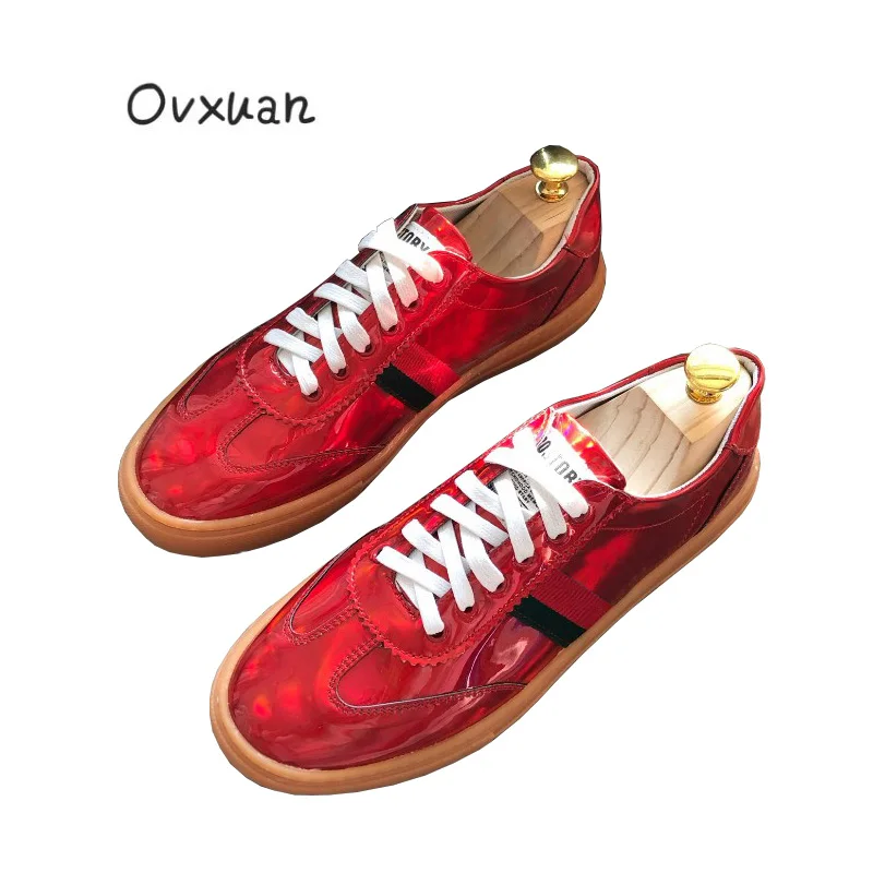 cheap Shining Laser Patent Leather Stripe Street Hip Hop Trainer Shoes for men Sneakers Party Dress Loafers Masculino Zapatos Hombre