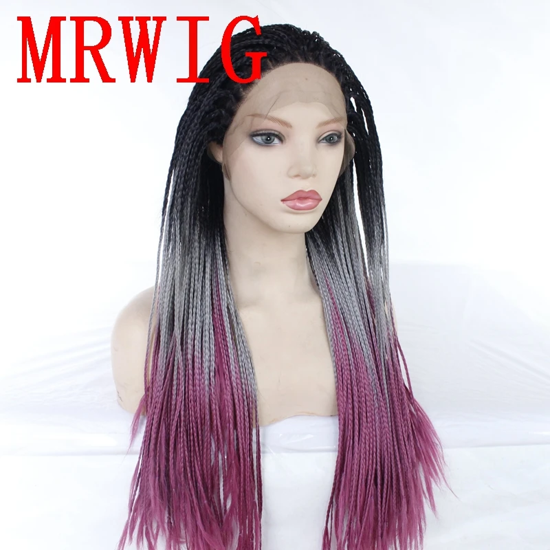 MRWIG Ombre серый/фиолетовый 26in часть плетеный ящик косы парик Синтетический бесклеевой передний парик Детские волосы термостойкие волокна