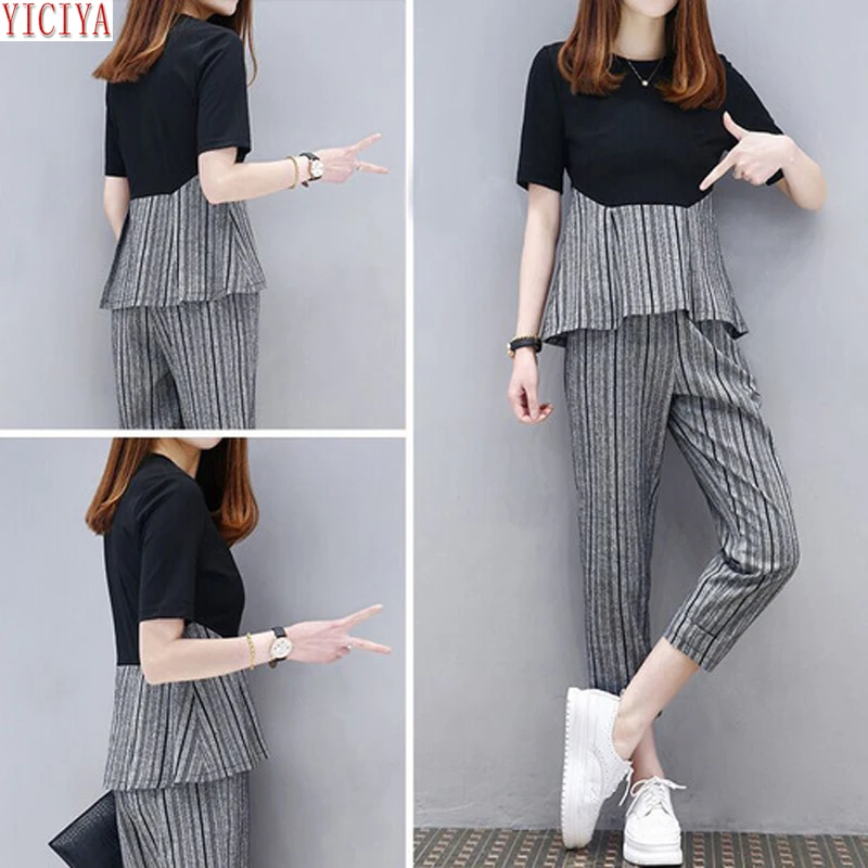 

Plus Size Large 2 Piece Sets Womens Outfits Summer Striped Pants Suits and Top Tracksuit Sportswear Fitness Co-ord Set Clothing