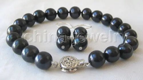 

Beautiful AAA + 8" 10mm black round freshwater pearl bracelet & earring^Noble style Natural Fine jewe FREE SHIPPING