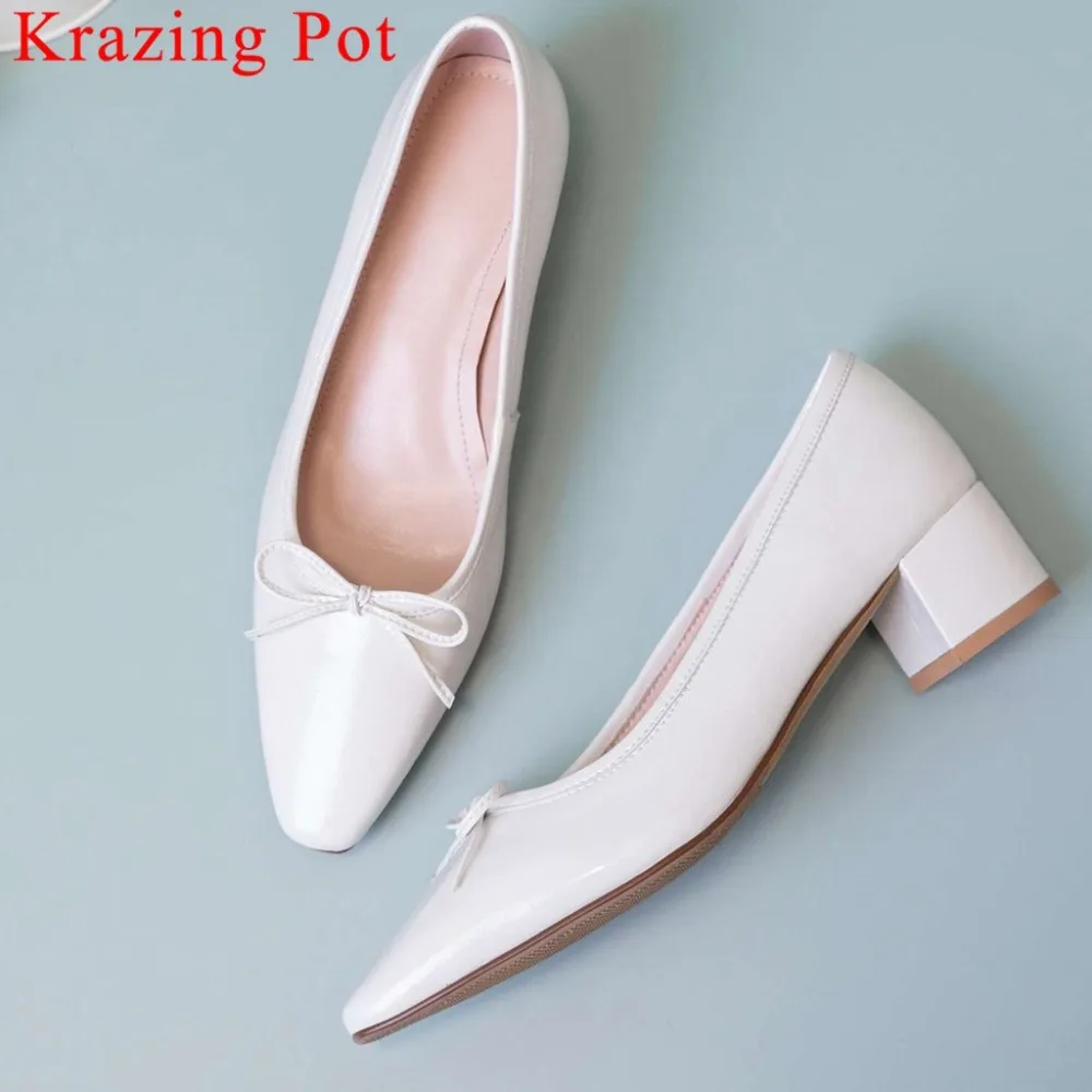 

Spring Summer comfortable breathable full grain leather chunky med heels slip on women pumps work office concise style shoes L56