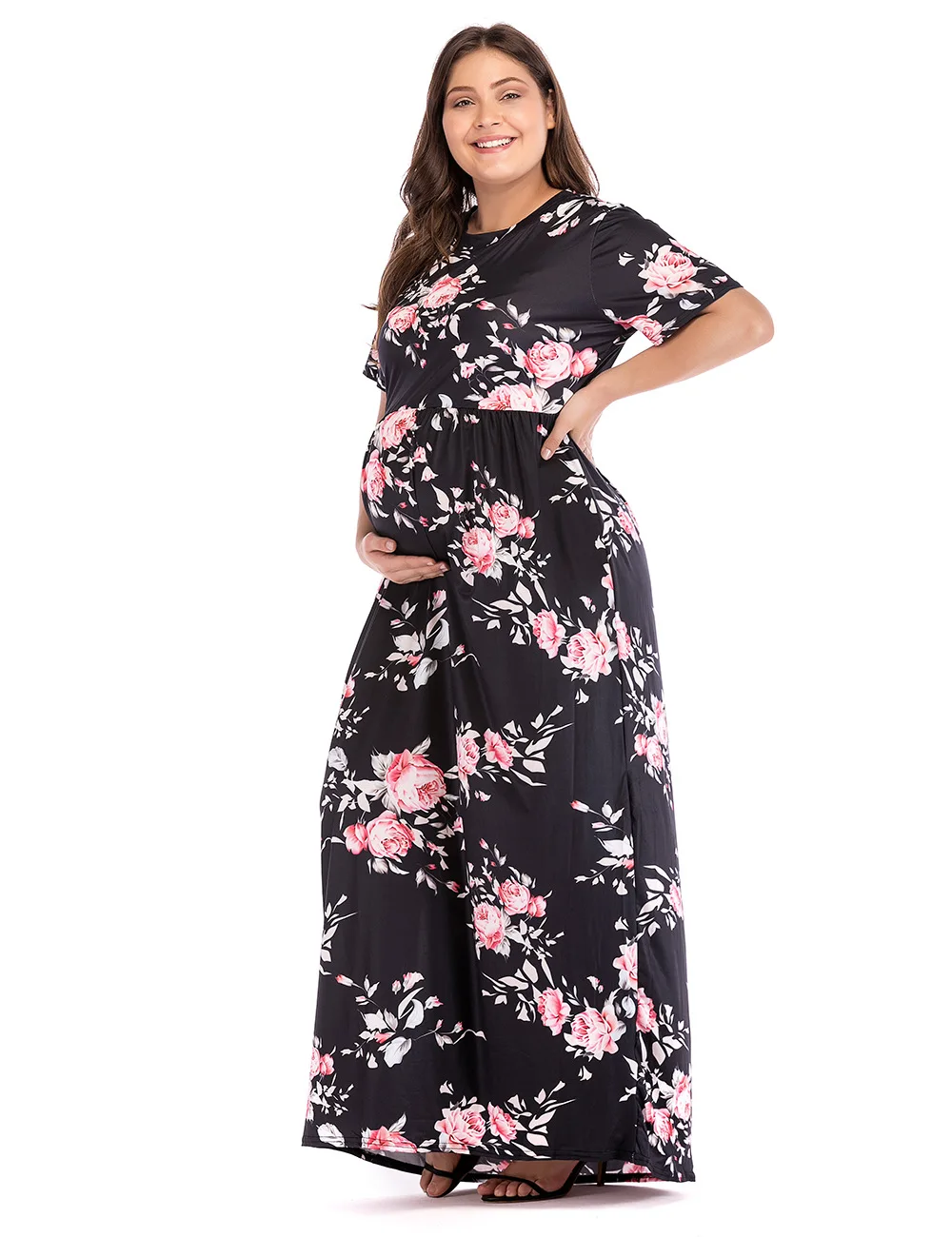 S-XL женщин Круглая горловина с коротким рукавом длинное платье на осень-зиму