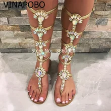 В богемском стиле на плоской подошве; сандалии на ремешках шикарные женские туфли с декором из кристаллов; Для женщин обувь ботильоны Стразы сандалии-гладиаторы по колено сапоги