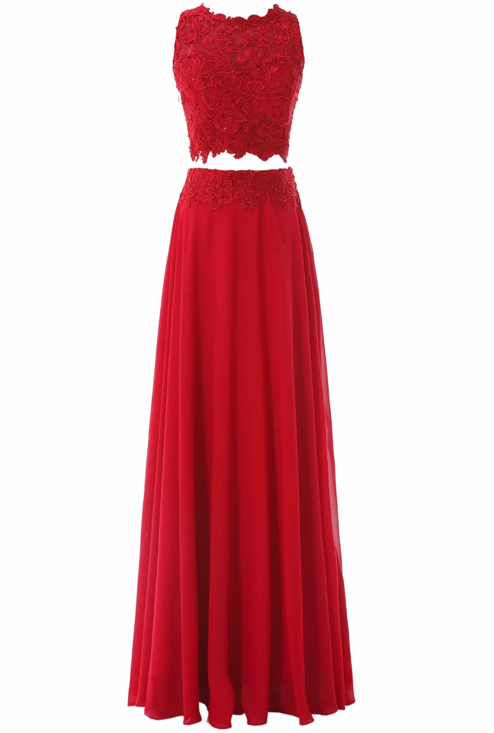 Линия шифон с круглым вырезом Chifon длинный Двойка платье для выпускного вечера 2017 красное кружевное вечернее платье Аппликации vestido de fiesta