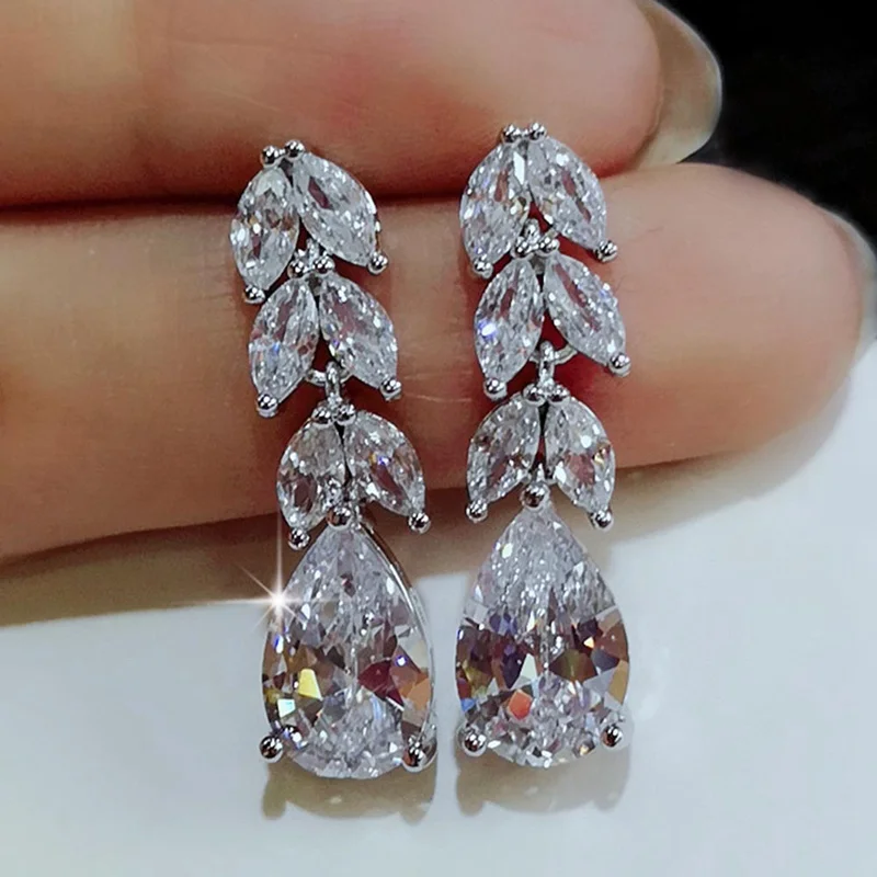

Fashion Female Crystal Leaf Drop Earrings Sterling Silver White Zircon Earrings Boho Wedding Jewelry Long Dangle Earrings