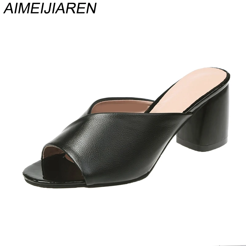 

2019 New Fashion Women Slides High Heels Casual Summer Shoes Pu Leather Peep Toe Outdoor Women Slippers Chaussures Femme 6cm