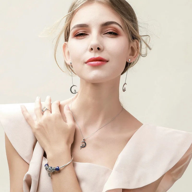 BAMOER Real 925 Sterling Silver Magic Witch in Moon Star Black CZ Long Drop Earrings for Women Sterling Silver Jewelry SCE287 - Image 2