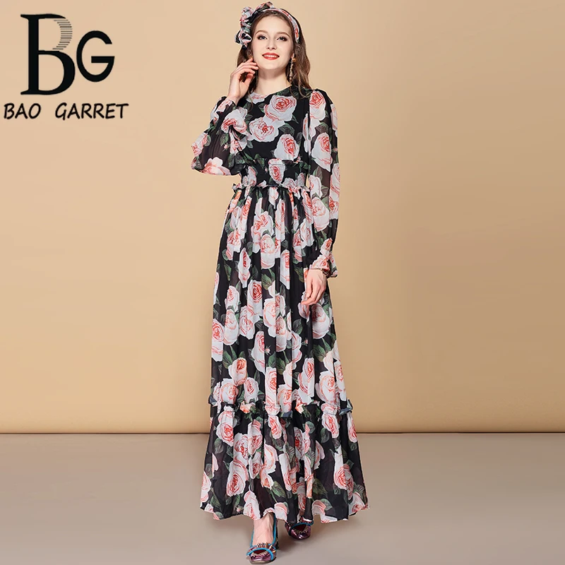 

Baogarret Summer Bohemian Holiday Long Sleeve Maxi Dress Women's Belted Elastic Waist Floral Print Elegant Long Dress