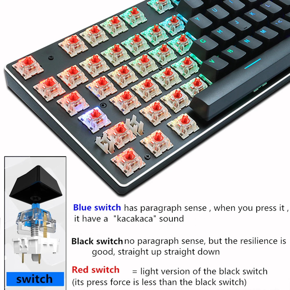 Ceny Mechaniczna klawiatura do gier Anti Ghosting niebieski czerwony przełącznik przewodowy usb LED mouse 87key RGB Mix podświetlana klawiatura do laptopa Gamer PC