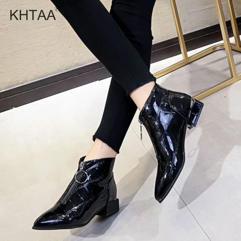 

Women Low Heels Ankle Boots Spring Autumn Pumps Female Gladiator Ring Zipper Pointed Toe Patent Leather Shoes Ladies Footwear