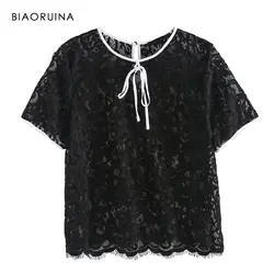 BIAORUINA/женские милые кружевные футболки в стиле пэчворк с открытой горловиной для девочек, элегантные контрастные цвета, топы, женские