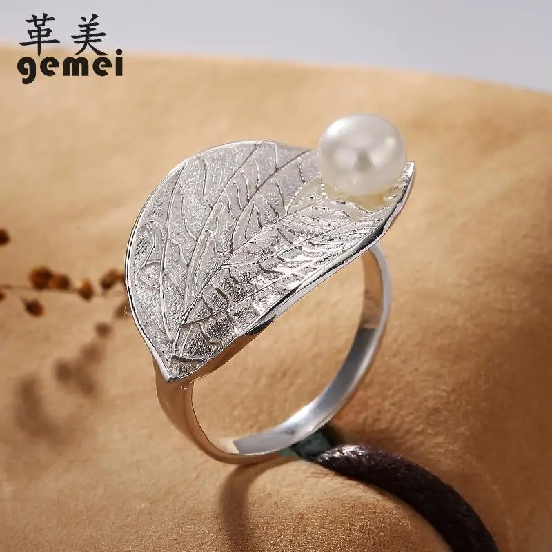 

Gemei High-quality 925 Sterling Silver Jewelry Big Tree Leaves Mosaic Shell Beads Open Rings For Women Elegant Jewelry Ring