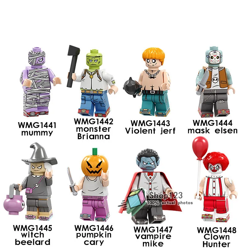 

Horror Juguetes Friends Halloween Mummy Clown Vampire Zombie Pumpkin man the walking dead Building Blocks Toys