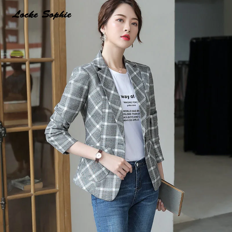 1pcs Women's Plus size Slim fit Blazers coats 2019 Autumn cotton blend plaid Small Suits jackets ladies Skinny Blazers Suits