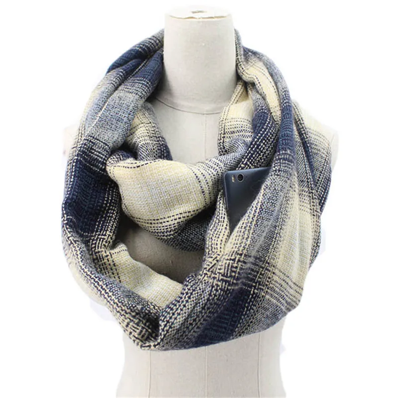 2019 зимний классический клетчатый шарф с карманами женские, градиентные wram шаль на молнии карман Бесконечность путешествия зимние шарфы