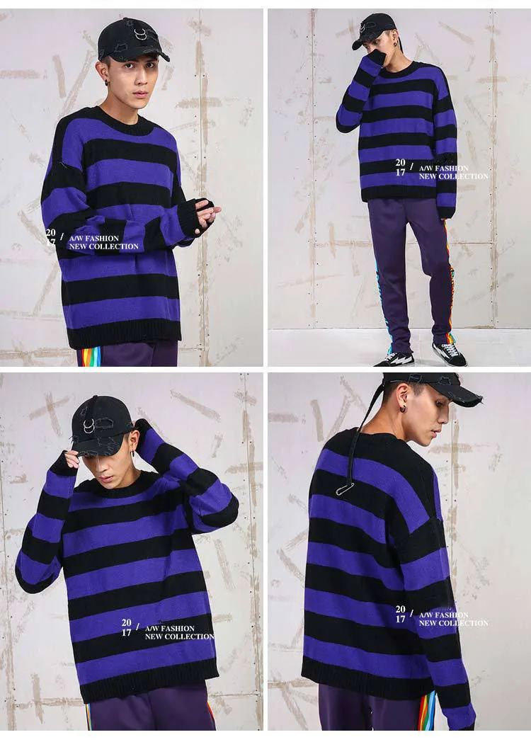 Aolamegs Sweater Men Patchwork Striped Hit Color Cardigan Mens Pullover High Street Sweaters Fashion Knitted Male Sweater Autumn (12)