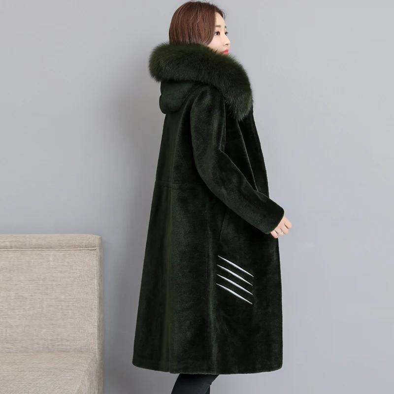 

HANZANGL Brand sheep sheared coat female 2019 new winter mid-length fox fur coats Jackets Warm Overcoat green/pink/gray/black