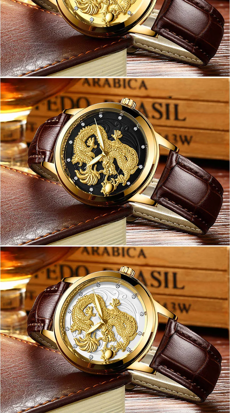 FNGEEN New watch male quartz watch dragon pattern luminous gold color quartz ultra-thin steel belt
