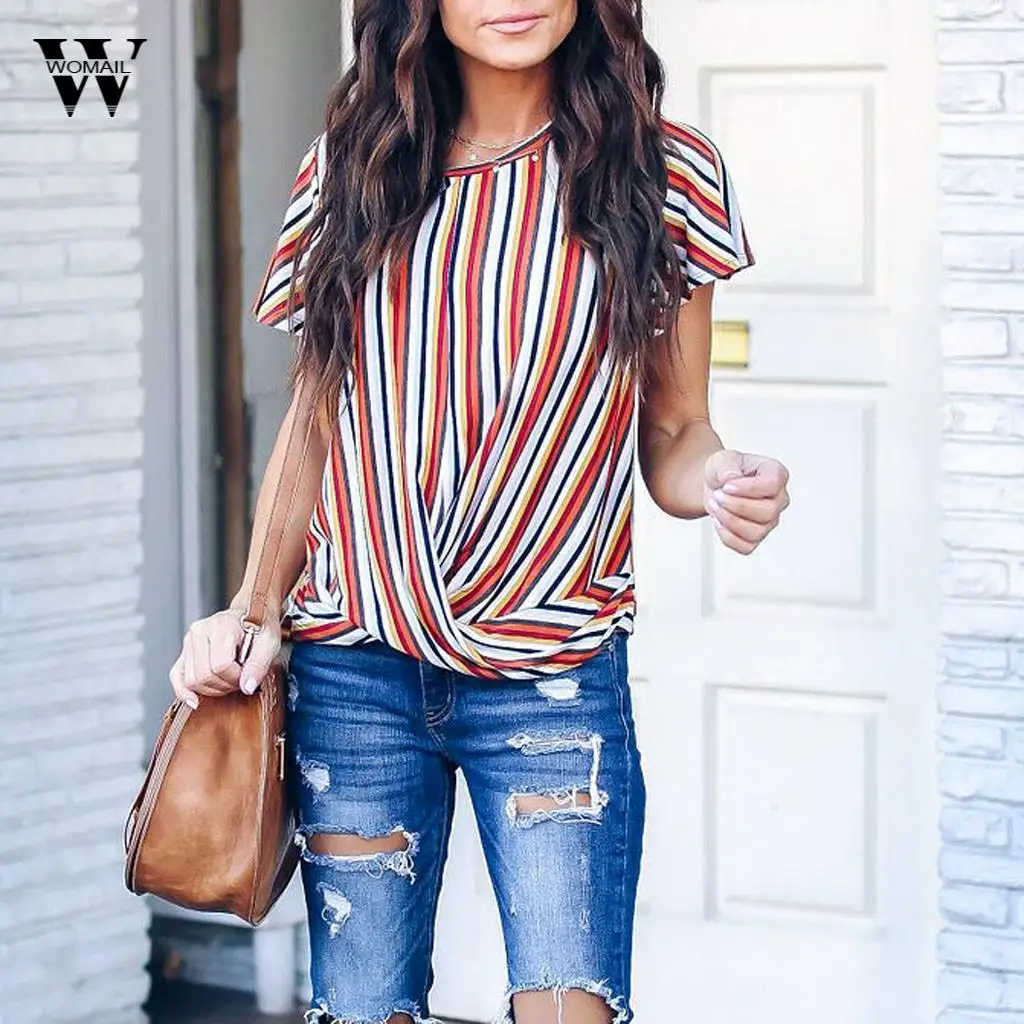 

Womail Fashion Women Spring And Summer Printing Rainbow O-Neck Short Sleeve Shirt Blouse Tops Women Blouses Casual Mar 6