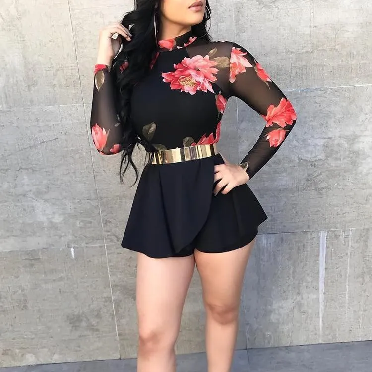 

2019 Summer Floral Print Backless Pleated Romper Sexy Boho Mesh Party Mini Jumpsuits Sashes Women Long Sleeve Playsuit