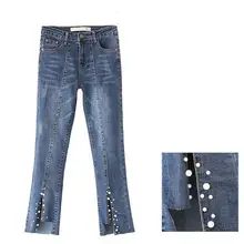 Для женщин мотобрюки сезон весна лето разделение вилы серьги в виде рога с жемчужиной стрейч девять очков джинсы для