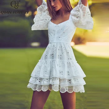 

Qian Han Zi Designer Fashion Summer Dress Women's Flare Sleeve embroidered hollow elegant ruffled slim cotton mini beach dress