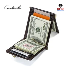CONTACT'S Crazy Horse cowhide leather RFID money clip slim card wallet trifold male cash clamp man cash holder zip coin pocket