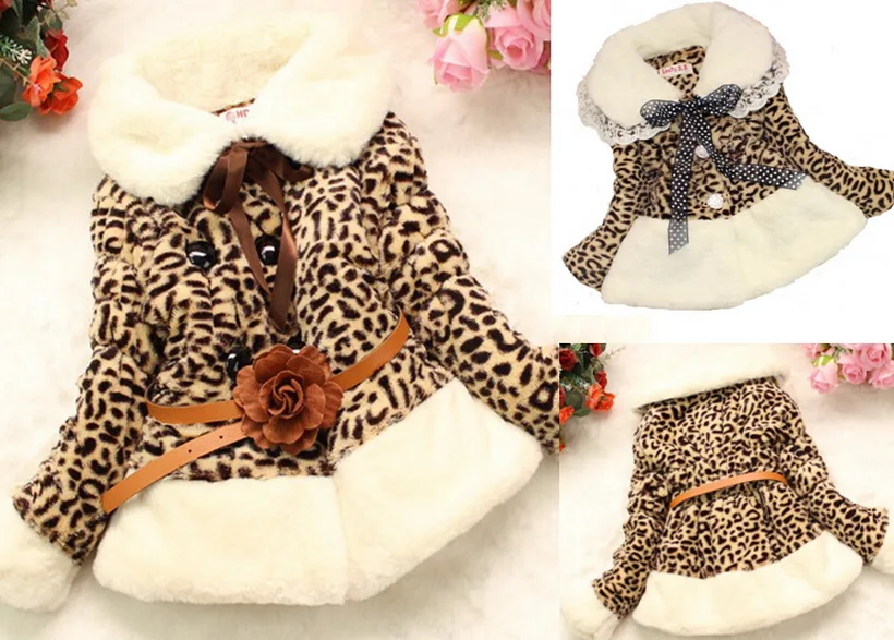 

Drop Shipping baby girls winter wool sweater girls leopard faux fur coat thicker child jacket warm with belt for 2-5Y kids