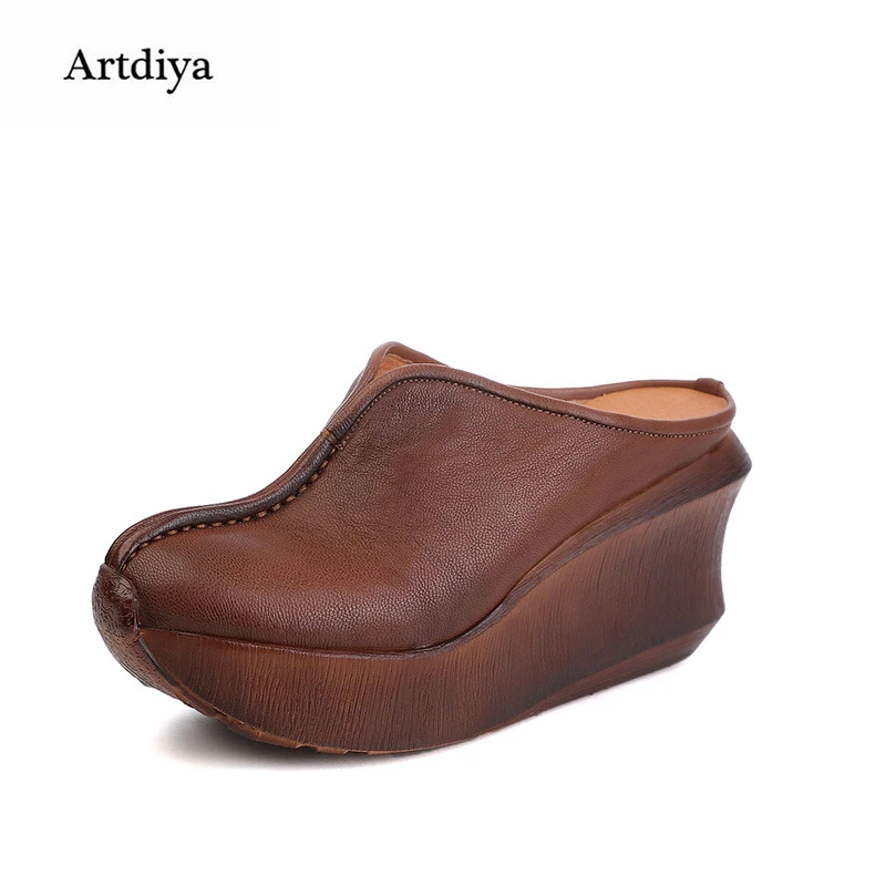 

Artdiya 2018 New Summer Ladies' Slippers Genuine Leather Thick Soles Handmade Wedges High Heels Women Sandals 936-30