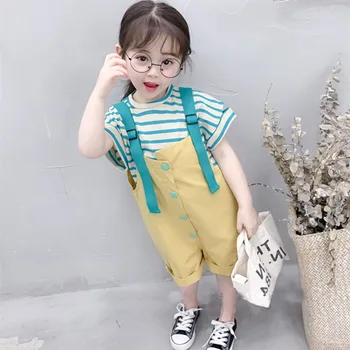 

2019 Summer Kid Girls Clothes 2pcs Set Baby Green Striped Short Sleeve T-shirt + Jumpsuit Short Pants Clothing Suit 3-7 Years