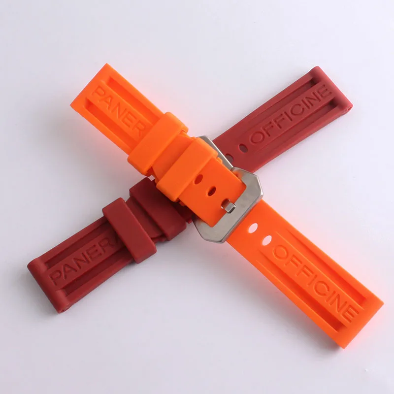 

High Quality Rubber Red Watchband waterproof Strap Bracelet with silver pin buckle metal deployment 24mm watch bands promotion