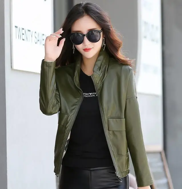2017 New Autumn Fashion Street Women's Short Washed Leather Jacket Zipper Black Green Purple red Colors New Ladies Basic Jackets