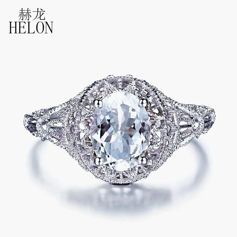 

HELON Oval Cut Solid 10K White Gold 1CT Natural Aquamarine Art Deco Antique Engagement Wedding Ring Fine Jewelry Gemstone Ring