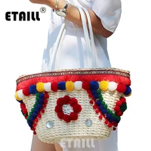 Colorful Pompon Summer Style Handbags Bohemian Boho Indian Straw Bag Famous Designer Brands High Quality Thai Woven Beach Bag