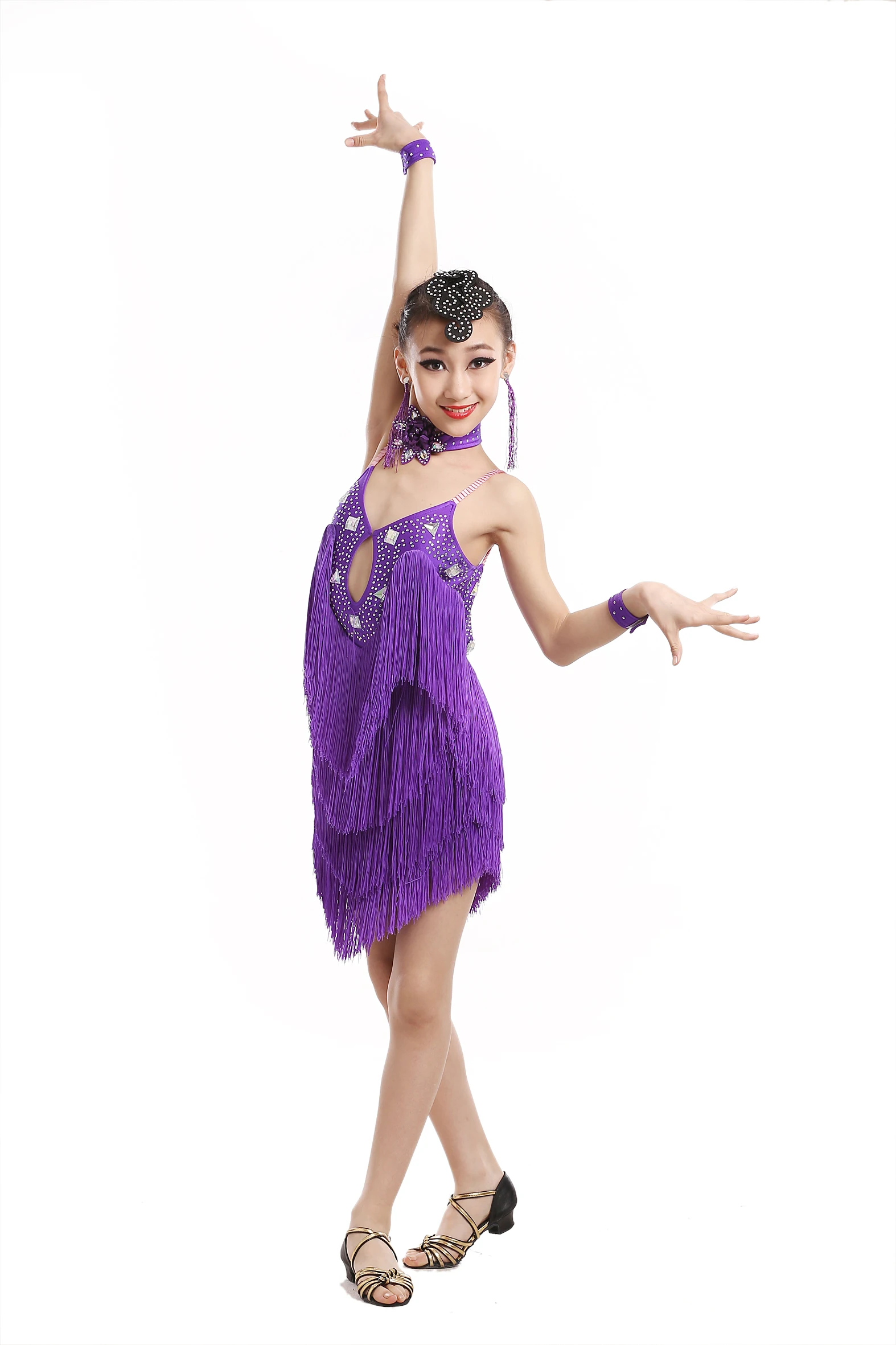 Многоцветный Девушка Костюмы для латиноамериканских танцев платье для танцев для производительности детей Костюмы для бальных танцев платье для танцев Дети кисточкой Современный Вальс/Танго/ча-ча костюмы - Цвет: purple