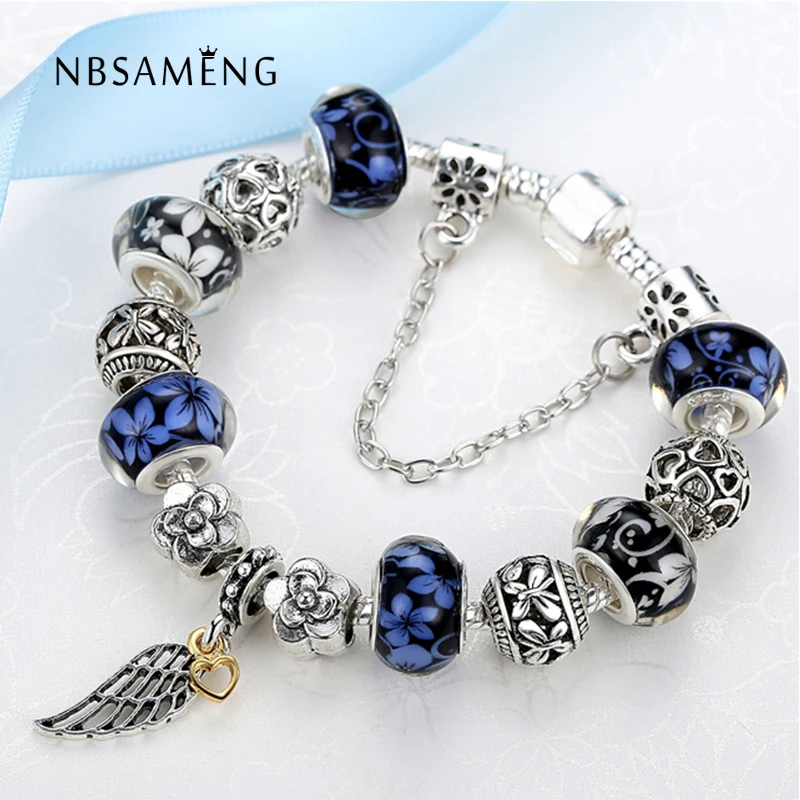 Image Valentine Antiqe Silver Wing Pendant Grass Bead Snake Chain Charm Bracelet Fit Brand Bracelet For Women DIY Jewelry