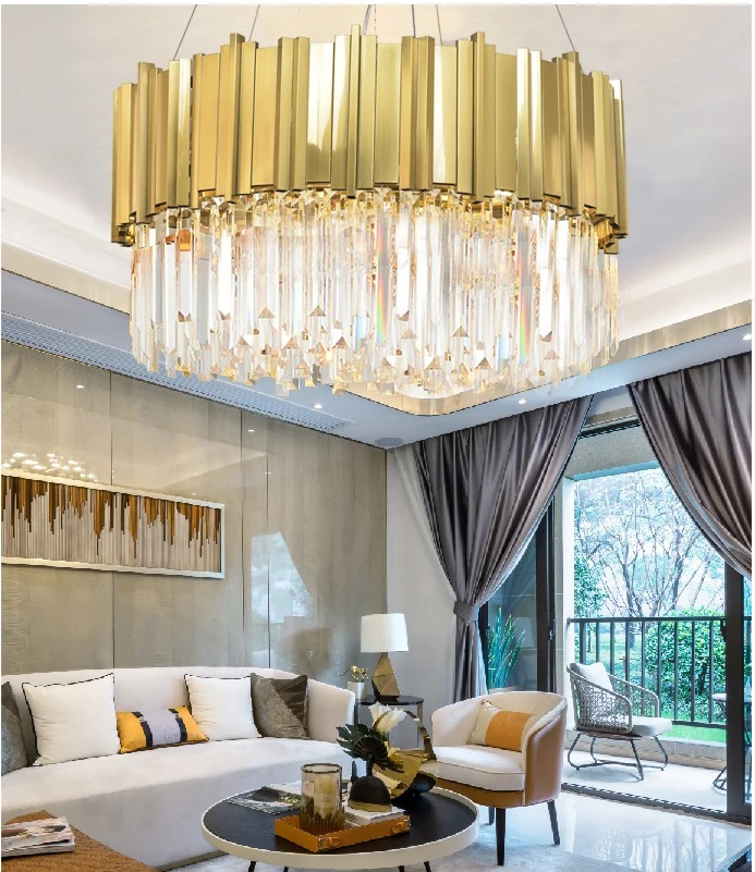 

Modern Luxury Crystal Chandelier Stainless Steel Chain Living Room Lamp Hotel Lighting