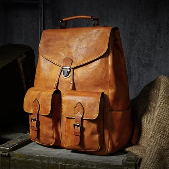 

Mens Cow Leather Bag Simple Military Travel Large Capacity Vintage Daypack Multi Pocket Casual Rucksack Vintage Handmade Tote